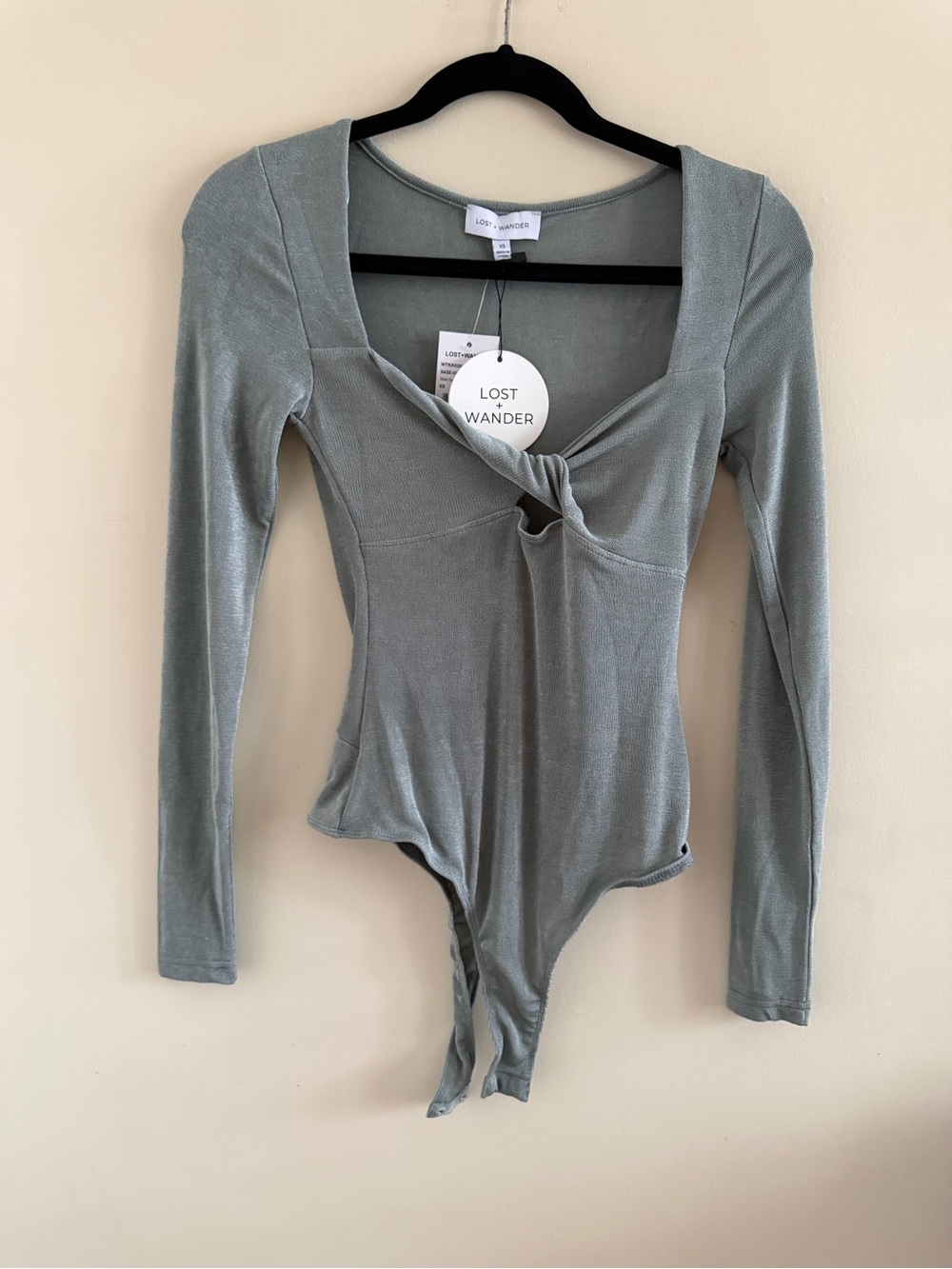 New! Lost + Wander Sage Green Long Sleeve Twist-Front Bodysuit